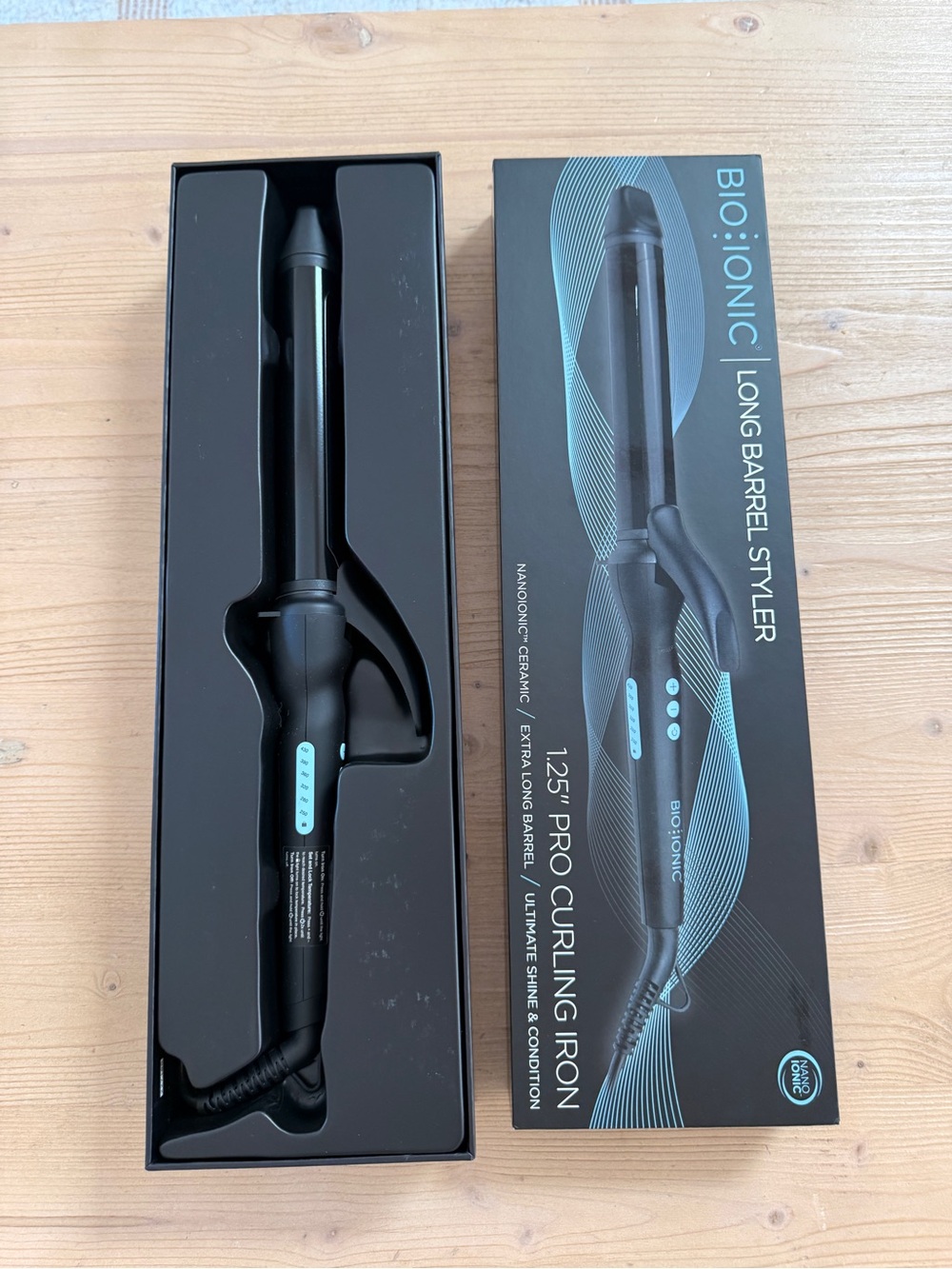 Bio Ionic 1.25" Long Barrel Curling Iron - Black with Aqua Accents